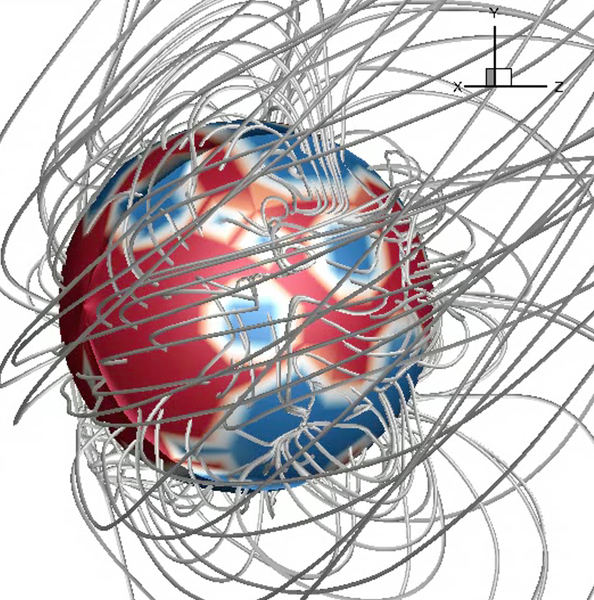 Rendering of a red and blue sphere, representing a meteor. Long strings representing magnetic fields chaotically emanate from the sphere.