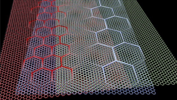 Graphic showing 3 layers of graphene that, when superimposed, display large hexagonal patterns in certain locations