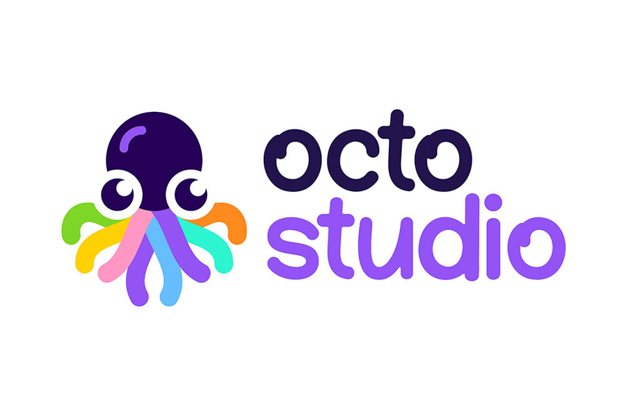 A colorful cartoon of an octopus and the lower case words 'octo' in dark letters and 'studio' in bright purple letters.