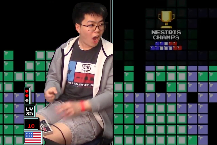Justin Yu, seated, reacts with with surprise. His image is superimposed on background that features a Tetris game screen, with colored lines of cubes. A small trophy appears within the game, with the words NESTRIS CHAMP.