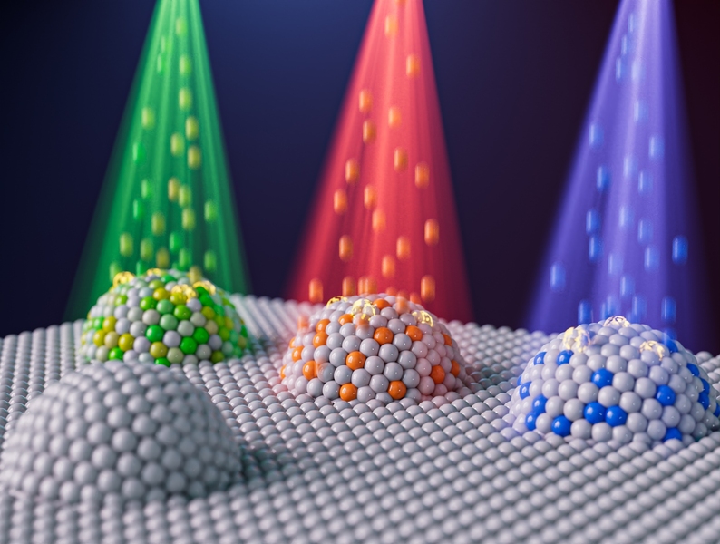 Artist’s concept of four domes comprised of spheres representing nanoparticles. Three of the domes have different colored particle beams shining down on them.