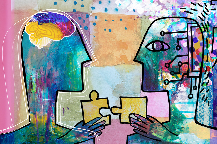 Colorful Picasso-like painting portraying a human figure helping an AI agent fit pieces of a puzzle together.