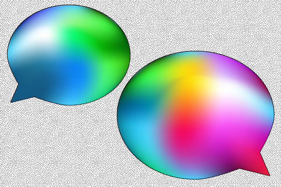 Two multi-colored talk bubbles. The right bubble fills more of the screen than the left.