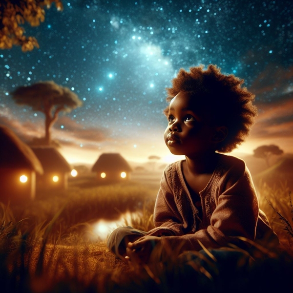 An AI-generated image depicting a young Black girl looking up at the night sky