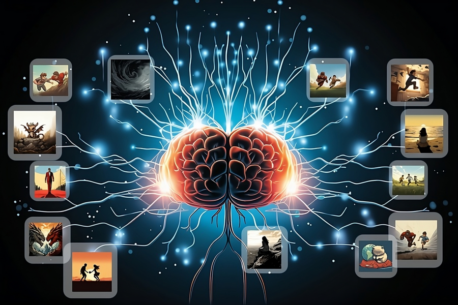 Illustration of a disembodied brain with glowing tentacles reaching out to different squares of images at the ends