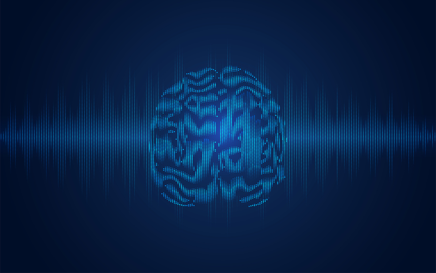Abstract pixellated image of a human brain with a high-frequency wave form emanating from both sides