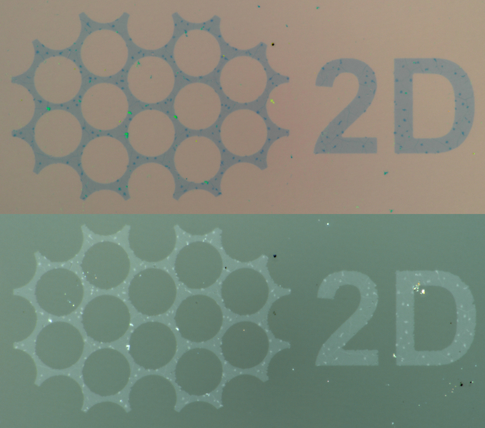 Two images on top and bottom show a similar grid of circular holes, and next to them it says, “2D.” The images are very similar but the top is more brown and bottom is green.