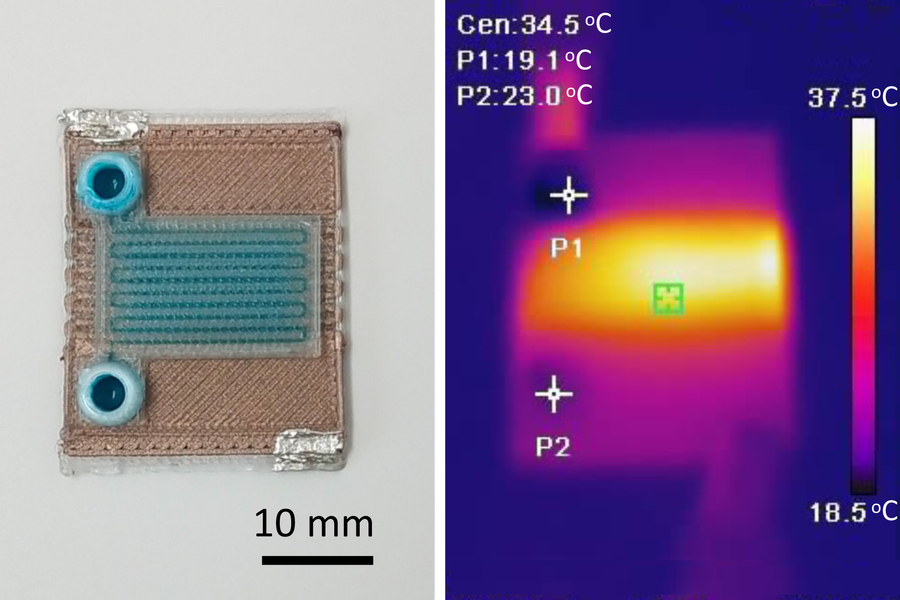 On left is a tiny rectangular device that is about 20-30 mm. On right is a heatmap of the device that shows the device is hotter in the middle.