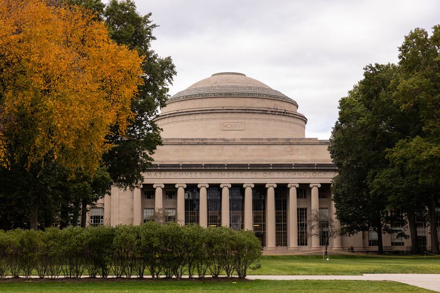 Yellow foliage in Killian Court, with The Great Dome in background.