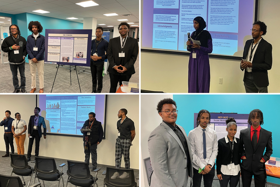 Four photos arranged in a square show teams of 2-5 young teens and young adults presenting their projects in a classroom or office. 