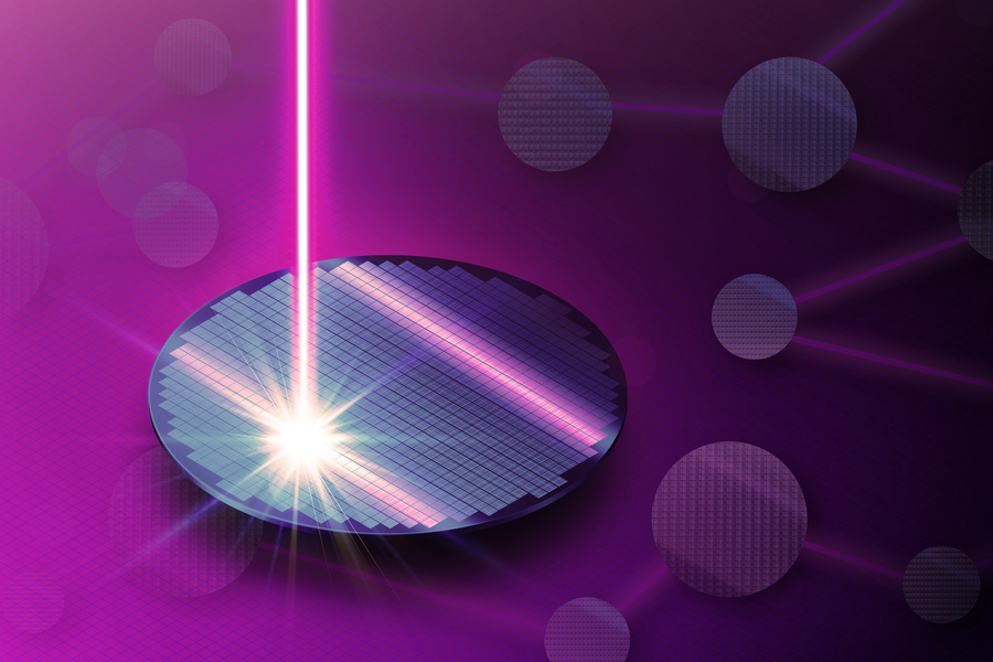 A circular optical wafer is hit with a pink laser. In the background is a subtle neural network.