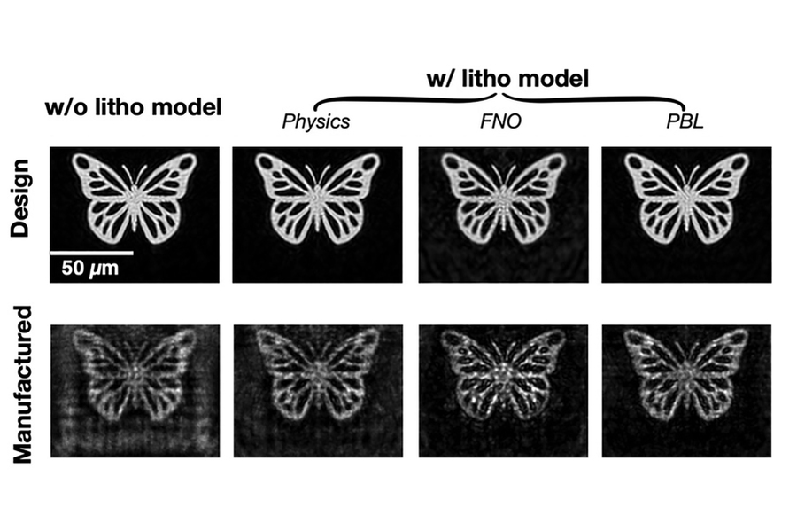 2 rows of 4 images each all show a detailed butterfly icon on black background. The top row is labeled “Design” and the bottom “Manufactured.” The left-most images are labeled, “without litho model.” And then the 3 after are labeled “with litho model.” These three rows are then labeled with different techniques used, from left to right, “Physics; FNO; PBL.”