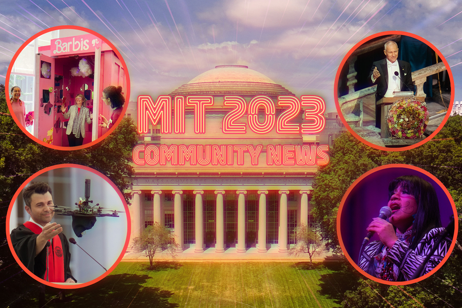 Stylized text says “MIT 2023 Community News.” The Great Dome at MIT is background with circular photos depicting top community stories, including Sally Kornbluth in Barbie-themed booth, Moungi Bawendi at podium, Mark Rober at Commencement with flying mortarboard, and Djuena Tikuna sings on lit stage.