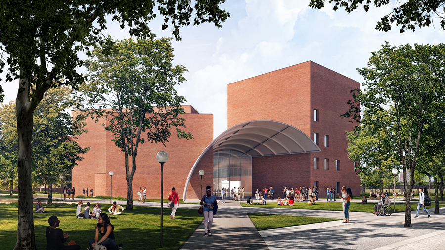 Rendering of the new MIT Music Building, which features two cubical brick buildings connected by a large arched overhang that serves as both entryway and performance space