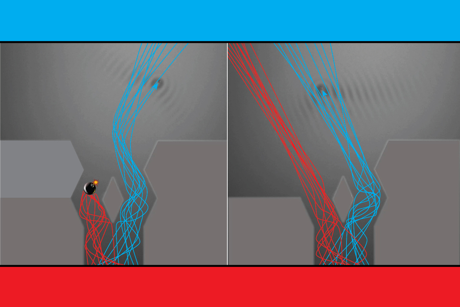 Split screen of two structures with looped underground tunnels. On left, bomb is mid-air with connected red lines and blue lines spew out on right side. On right, the red and blue lines spew left.