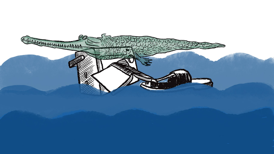 Line drawing with watercolor of a crocodile with its eyes closed floating with a radio, a book, and a shoe
