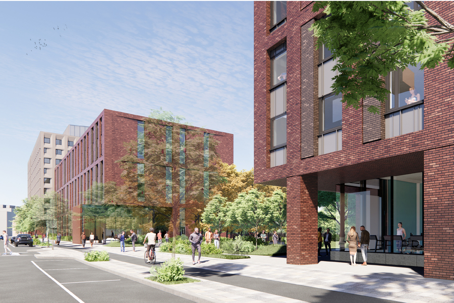 Architectural rendering of exterior of a three-story brick building