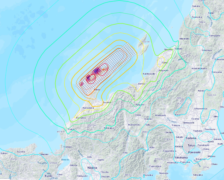 A map of a section of Japan, including the Noto Peninsula, showing the intensity of the January 1st earthquake getting smaller further away from the epicenter, and the slip amplitude, which has two intense clusters near the epicenter of 6 meters.