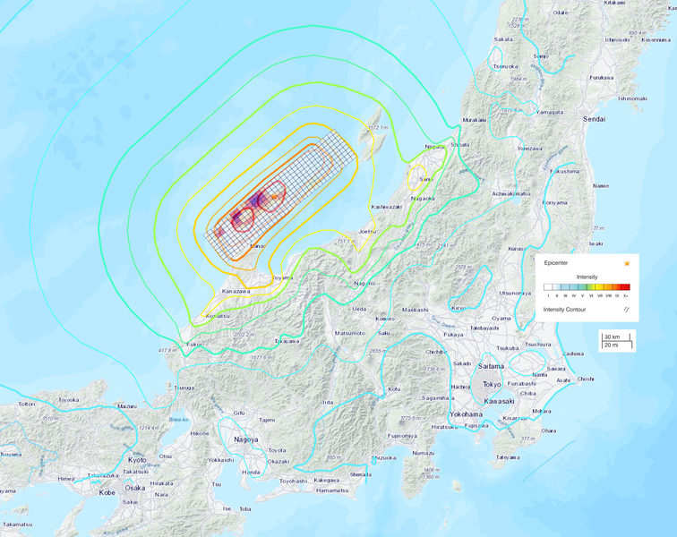 A map of a section of Japan, including the Noto Peninsula, showing the intensity of the January 1st earthquake getting smaller further away from the epicenter, and the slip amplitude, which has two intense clusters near the epicenter of 6 meters.