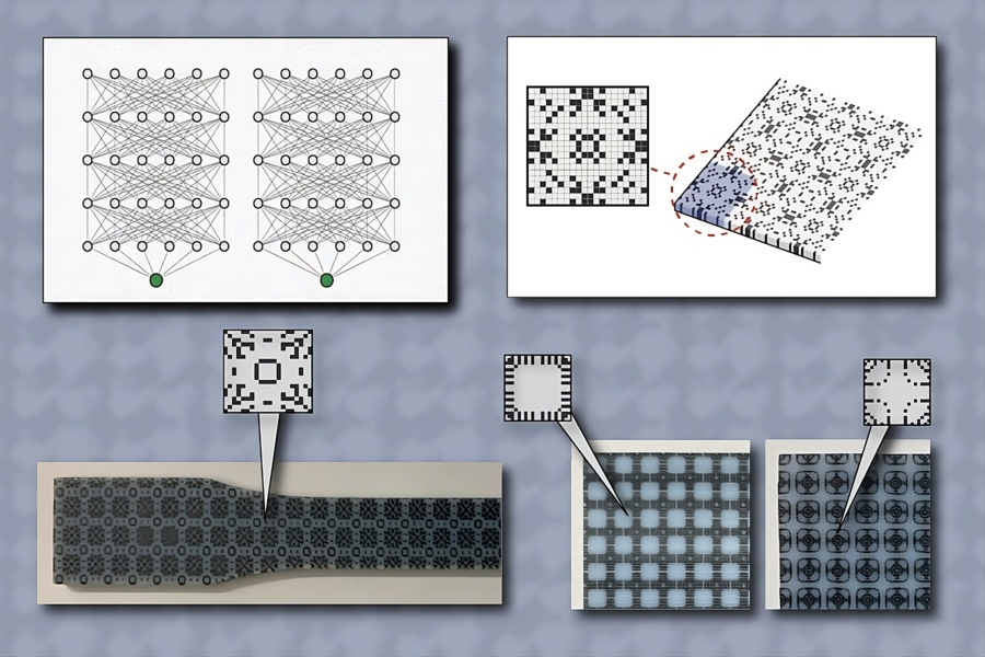Illustration showing the development stages of 3D-printed microstructures. At left, interconnected network diagrams with two highlighted nodes. At right, a 2D pixelated microstructure pattern that looks like a crossword puzzle. Below, a physical object showcases the same complex pattern, suggesting it's a 3D-printed prototype.
