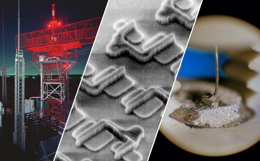 Parts of three photos are composed in one frame. The left shows an air traffic control radar; middle shows an SEM photo of microelectronic devices; and right shows a close-up of a laser.