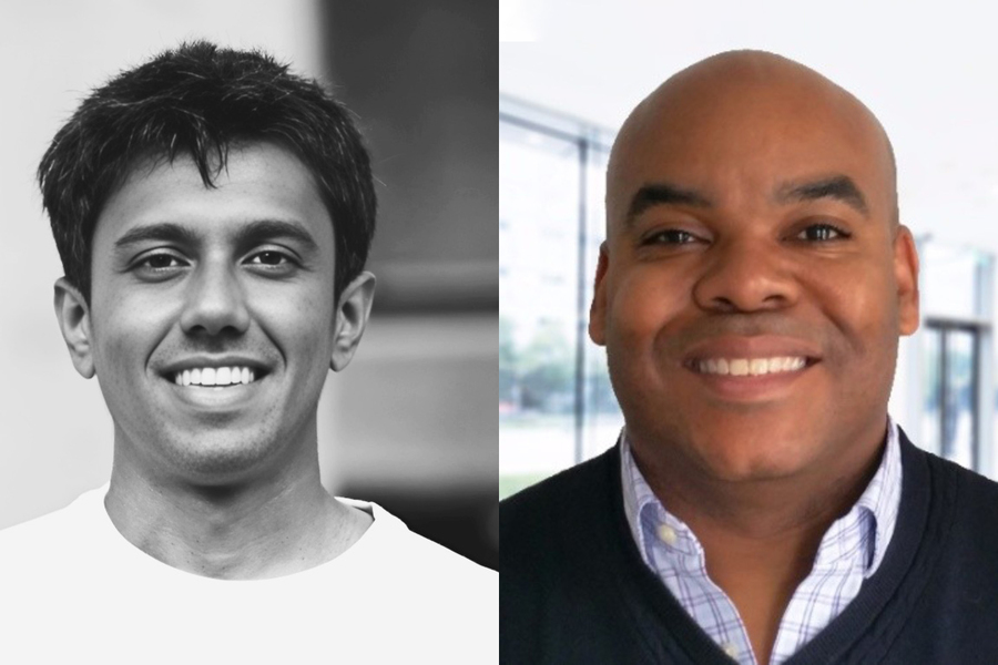 Split screen of monochromatic portrait of Karthik Dinakar and Birago Jones portrait