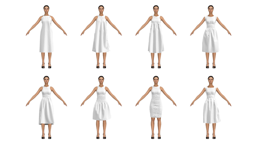 Against a white background, a two by four grid of identical computer-generated models wearing the same white dress styled in slightly different ways.