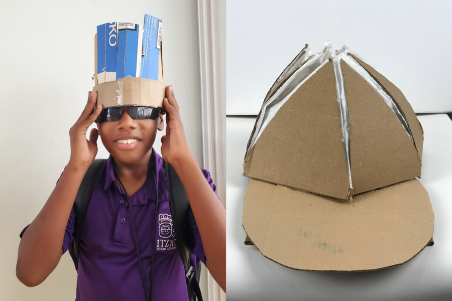On the left, student Izaya Lovell holds a crown with built-in sunglasses on their head, and a cardboard that opens up into a flower is pictured right.