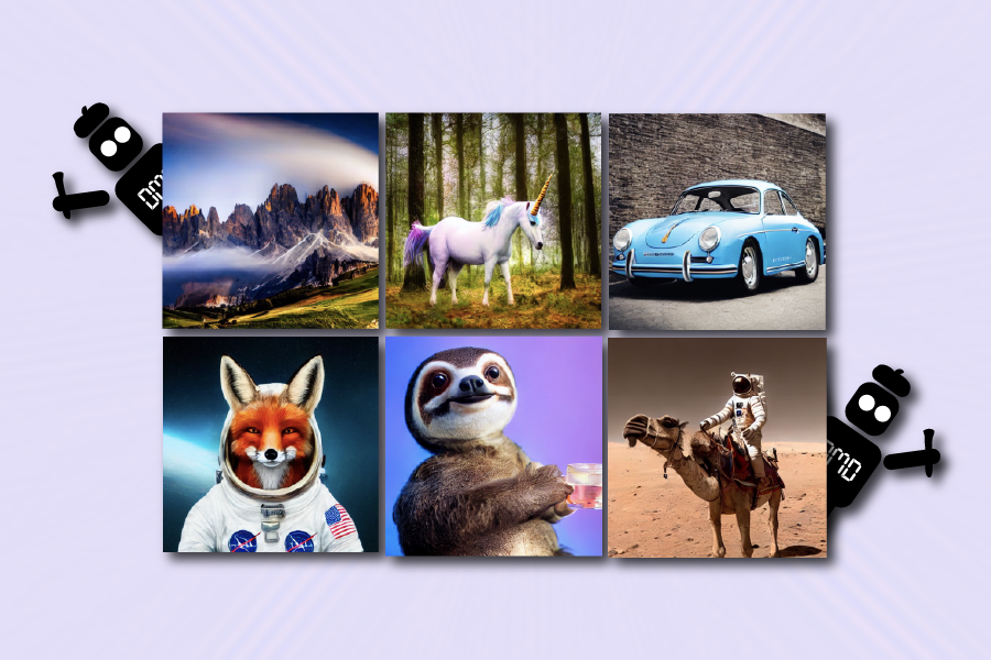Three by two grid of AI-generated images, with small black illustrated robots peeking from behind. The images show a scenic mountain range; a unicorn in a forest; a vintage Porsche; an astronaut riding a camel in a desert; a sloth holding a cup, dressed in a turtleneck sweater; and a red fox in a spacesuit against a starry background.