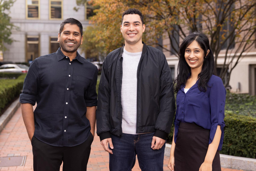 Kalyan Veeramachaneni, Andrew Montanez, and Neha Patki stand together outside for a photo.