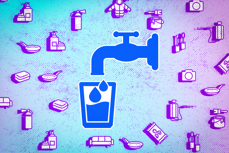 In the middle is a large icon of a faucet pouring water into a glass. Around it are smaller icons of items that may have forever chemicals, like nonstick pans, water-repellent clothing, cosmetics, and packaging.