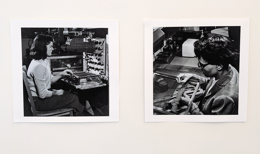 Two black-and-white print photos of diverse women at MIT working on computing machinery from the 1960s