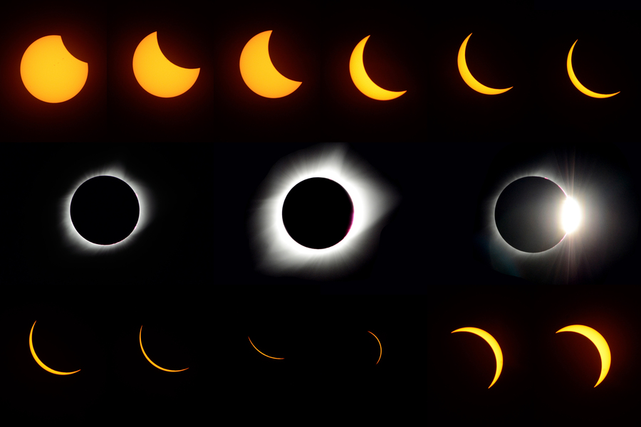 A montage of solar eclipse photos. In the top row, the moon's shadow gradually covers the sun's disk, moving from upper right to lower left. The center row shows three images of totality and near-totality. The bottom row shows the solar disk reemerging.