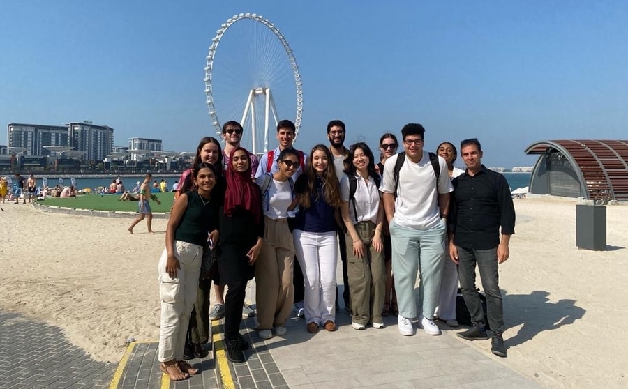 13 people pose on a beach with a Ferris wheel in the background