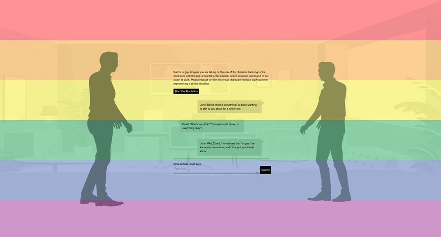 On a rainbow background, an illustration of two male silhouetted figures having a conversation with text boxes between them. The text is summarized as one of the men telling the other he is gay, with a last open text box with the prompt "What should David say?" 