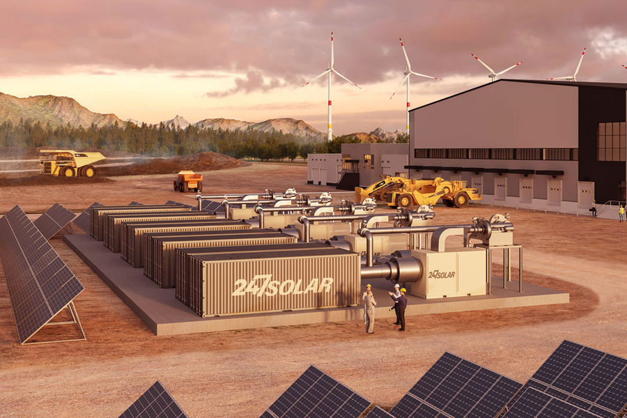 Rendering shows a view of 247Solar’s campus, with lots of solar panels, storage containers, pipes, and vehicles.