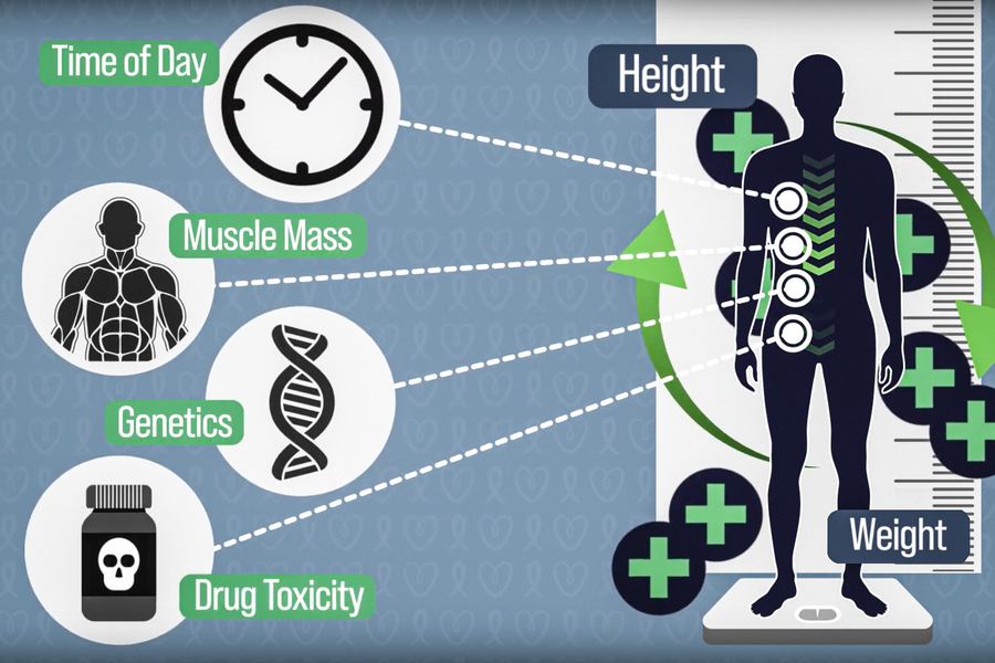 An icon of the human body has medication icons around it, and also 4 nodes. The nodes expand to say “Time of Day, Muscle Mass, Genetics, and Drug Toxicity,” and show icons. The words “Height and Weight” appear next to the human body.