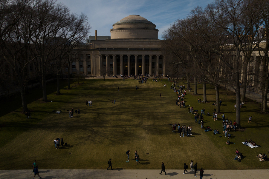 A drone photo captures the darkness caused by the eclipse on Killian Court