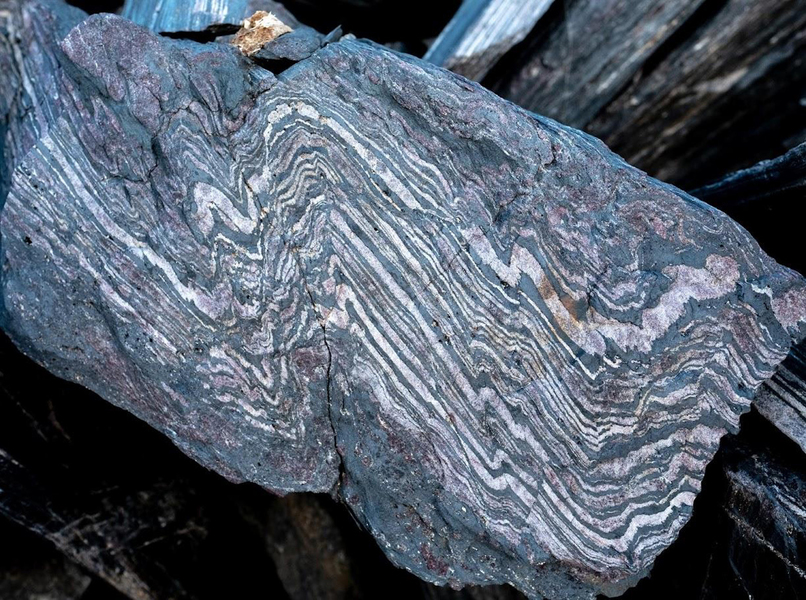 A chunk of split rock has wavy bands of black and white stripes inside.
