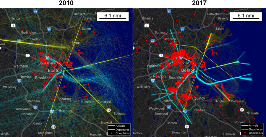 Side-by-side maps of Greater Boston with arriving and departing flight paths overlaid as lines, and noise complaints as dots. The map on the right has many more complaint dots, spread over a larger area.