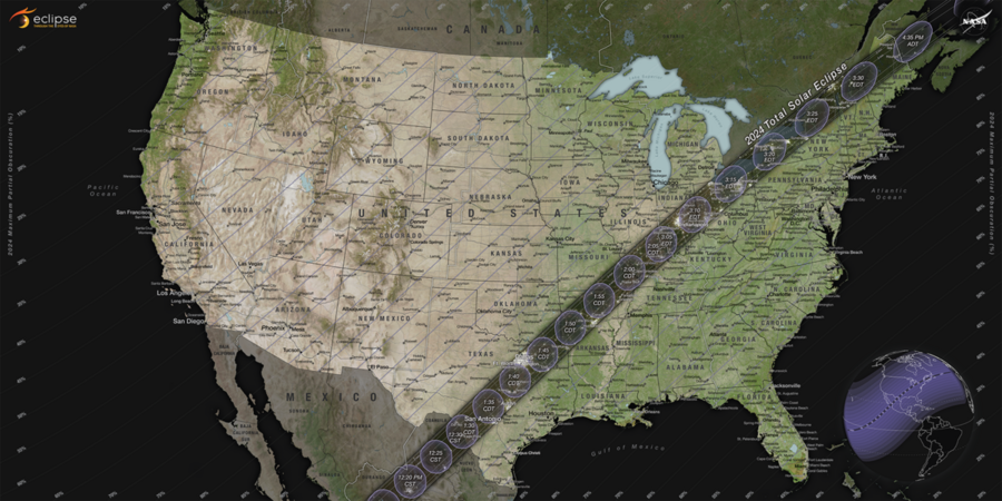 Map illustrates the paths of the moon’s shadow across the U.S. during the 2024 total solar eclipse
