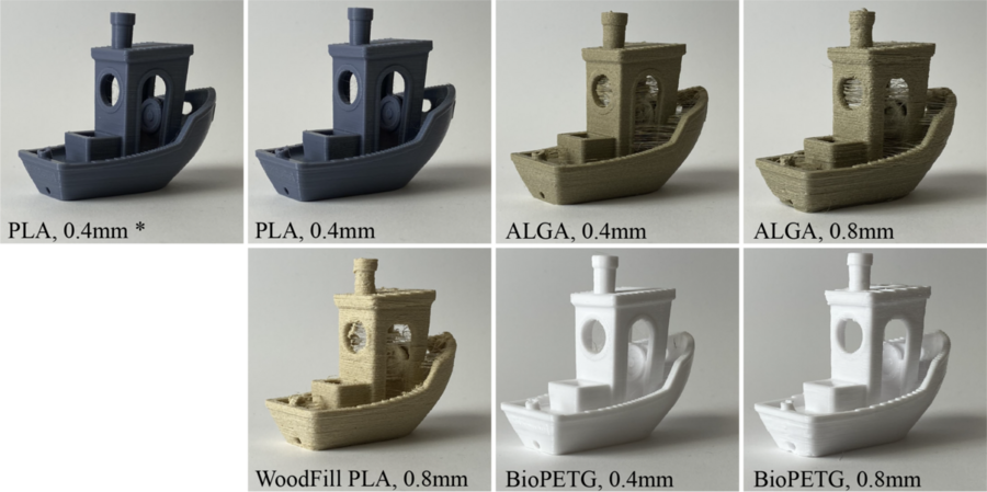 7 images of a 3D printed boat show different materials and machine configurations. Some are blue, brown, or white. They say: PLA .4mm; ALGA, .4mm and .8mm; Woodfill PLA, .8mm; and BioPETG, .4mm and .8mm