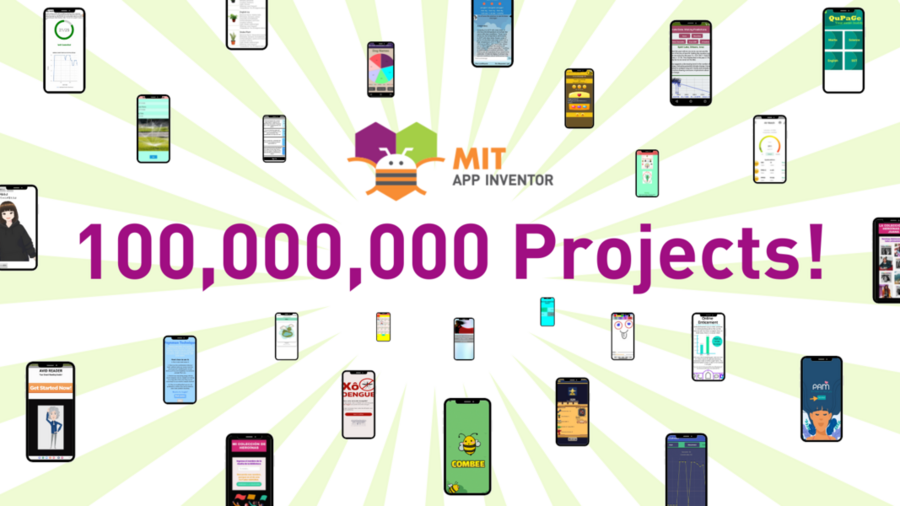 About 30 illustrations of cellphones with different projects on them, as well as the words "100,000,000 projects!" and the MIT App Inventor logo