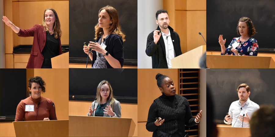 8 small photos of people giving presentations