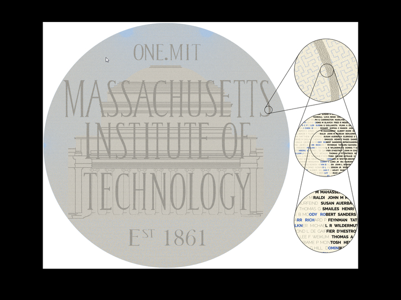A graphic showing the entire One.MIT design with three separate magnications, each successively closer, to show how the mosaic is made of names and letters.