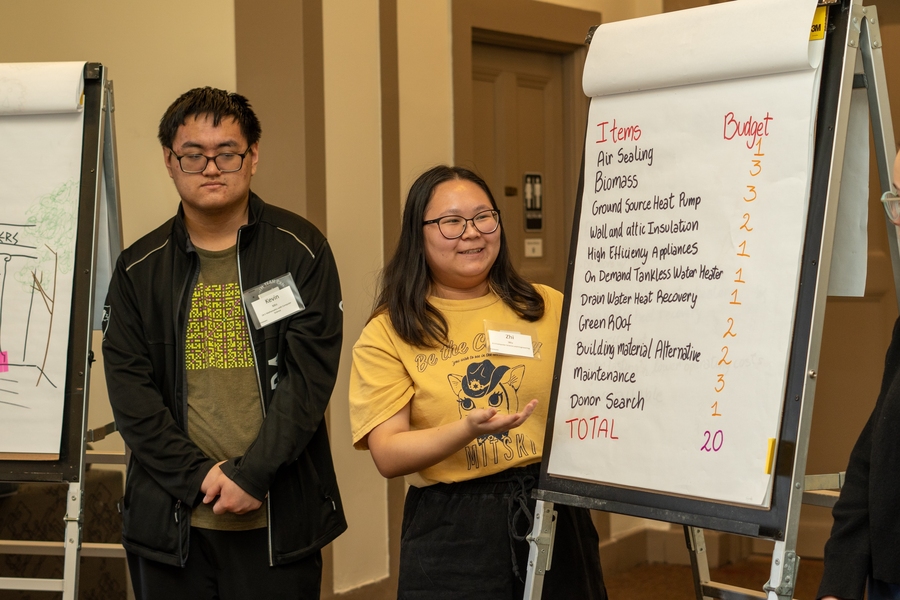 Two MIT sophomores present their team project using a flipchart showing a list of items and a budget