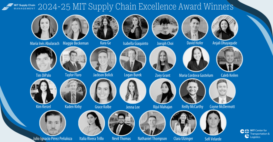 27 circular grayscale headshots labeled with names on a blue background. "MIT Supply Chain Excellence Award Winners" appears at top and the MIT Center for Transportation Logistics and MIT Supply Chain Management logos are also visible
