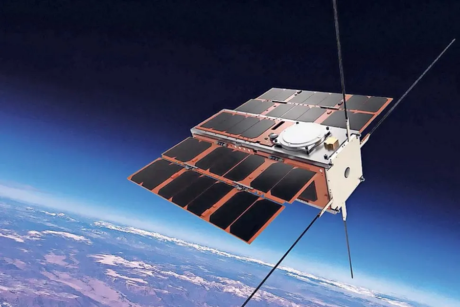 Realistic digital painting of the AEROS-MH1 cubesat in orbit