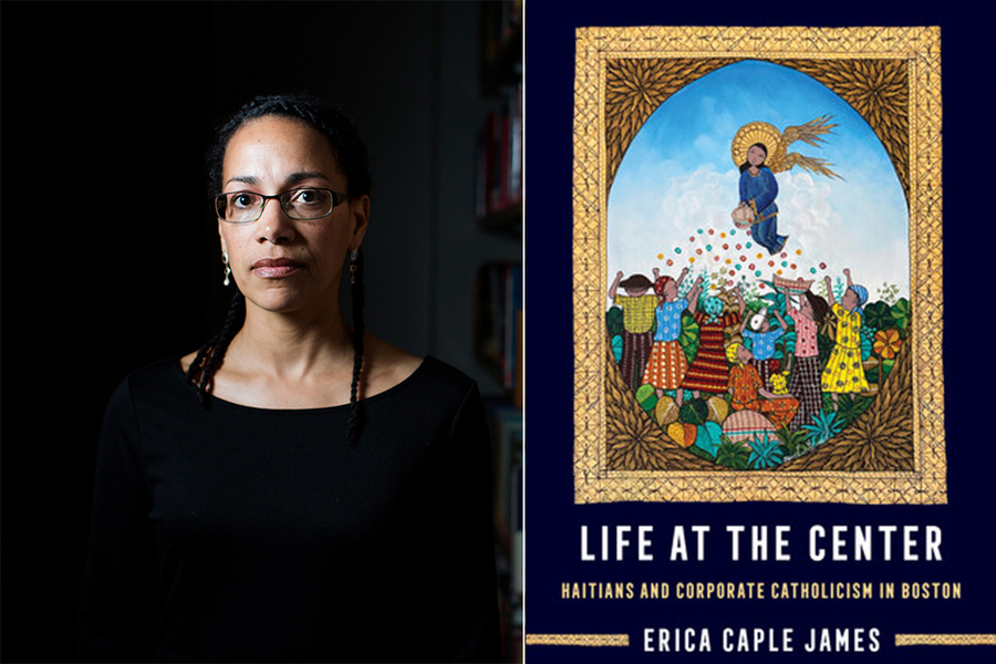 Erica James and the cover of her book Life at the Center, Haitians and Corporate Catholicism in Boston