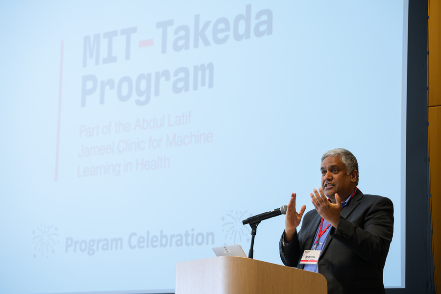 Dean Anantha Chandrakasan standing at a podium while speaking